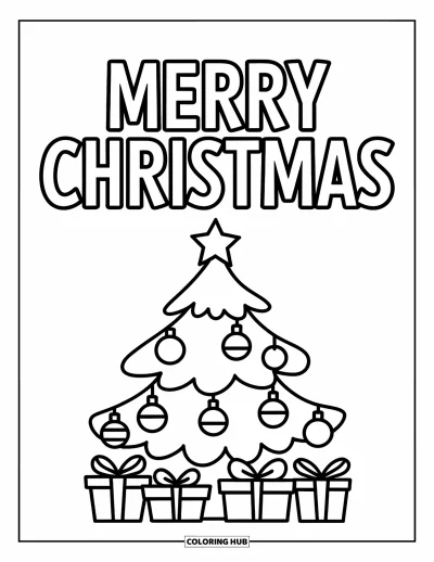 Coloriage de carte de Noël pour enfants : Le texte "Merry Christmas" au-dessus d'un sapin avec des boules et des cadeaux