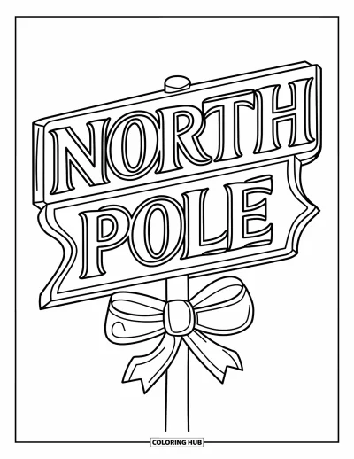 Coloriage de carte de Noël pour enfants : Panneau du Pôle Nord avec un nœud dans une scène enneigée