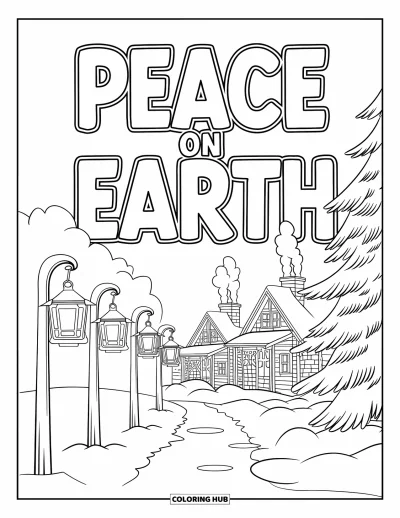 Coloriage de carte de Noël pour enfants : Paisible village hivernal avec des lanternes et le message "Peace on Earth"