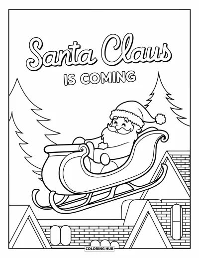 Coloriage de carte de Noël pour enfants : Le Père Noël survole les toits avec les mots "Santa Claus Is Coming"