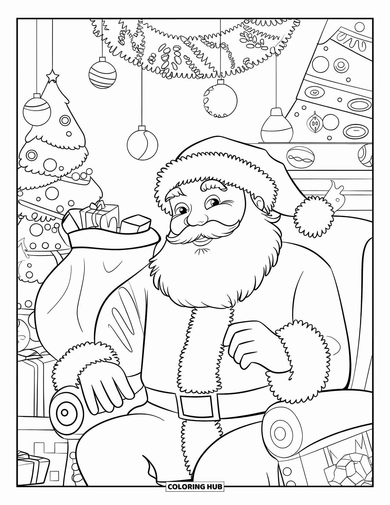 Christmas Card Coloring Page for Kids: Santa relaxing with gifts by a cozy fireplace and festive decorations