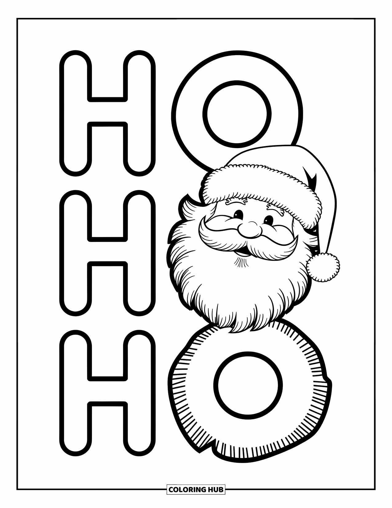 Christmas Card Coloring Page for Kids: Santa's face and beard with playful "Ho Ho Ho" above