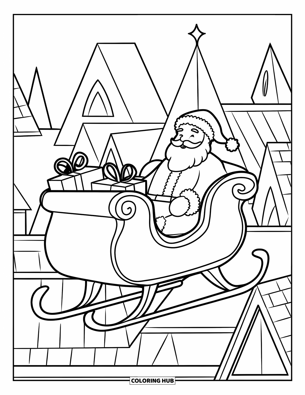 Christmas Card Coloring Page for Kids: Santa's sleigh full of gifts soaring over rooftops and steeples