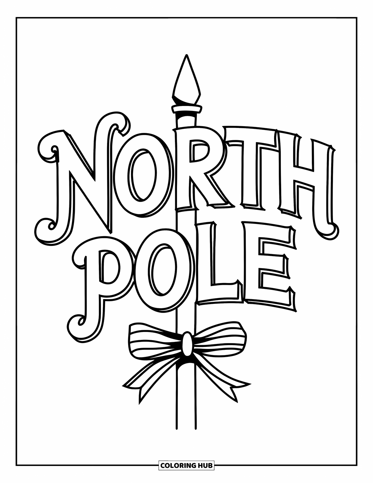 Christmas Card Coloring Page for Kids: Signpost with ribbon bow and curved "North Pole" letters