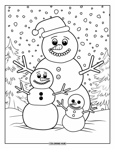 Coloriage de carte de Noël pour enfants : Famille de bonshommes de neige souriants dans un paysage hivernal avec des sapins