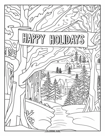 Coloriage de carte de Noël pour enfants : Des sapins couverts de neige bordent un chemin sous une banderole "Happy Holidays"