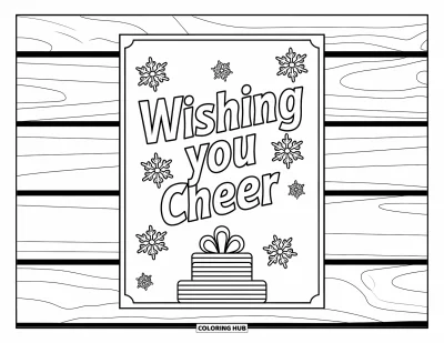 Coloriage de carte de Noël pour enfants : Des flocons de neige tombent sur des cadeaux empilés et la phrase "Wishing You Cheer"