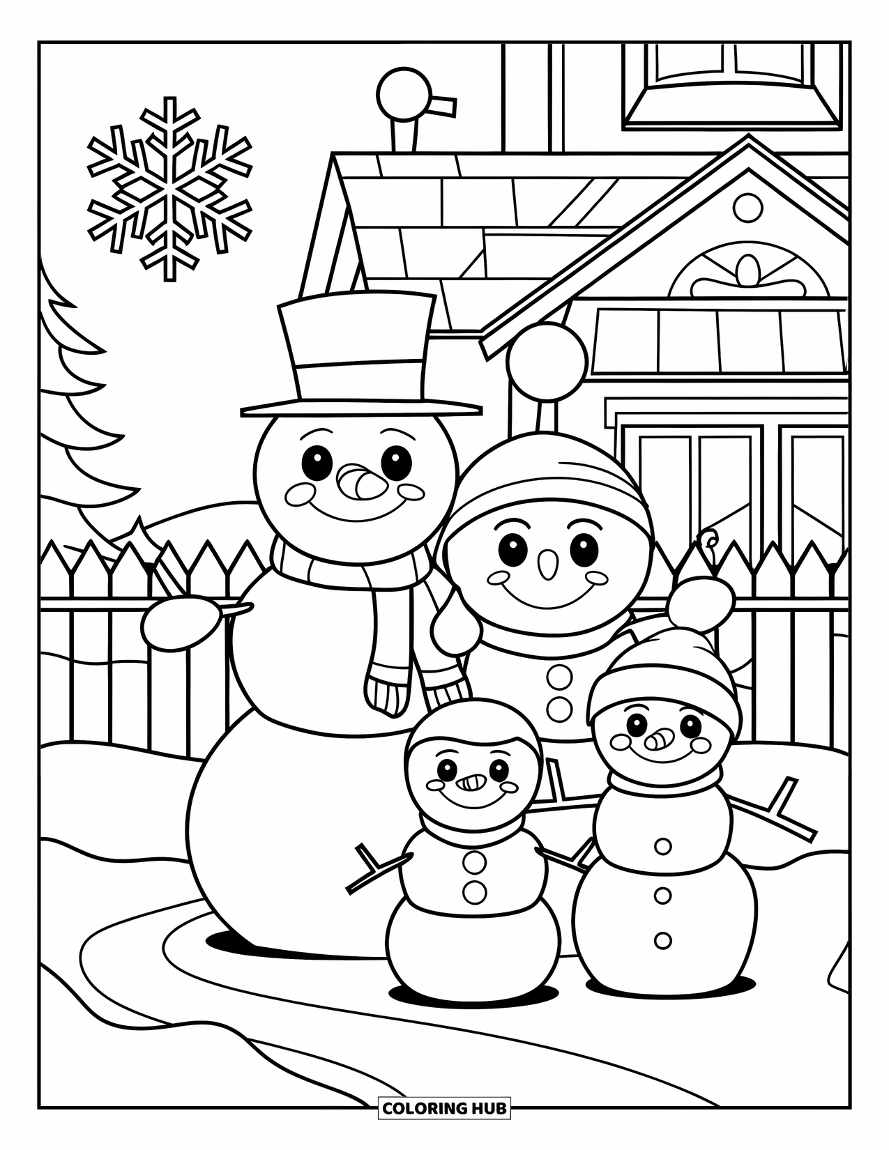 Christmas Card Coloring Page for Kids: Snowman family of three standing near a cozy house