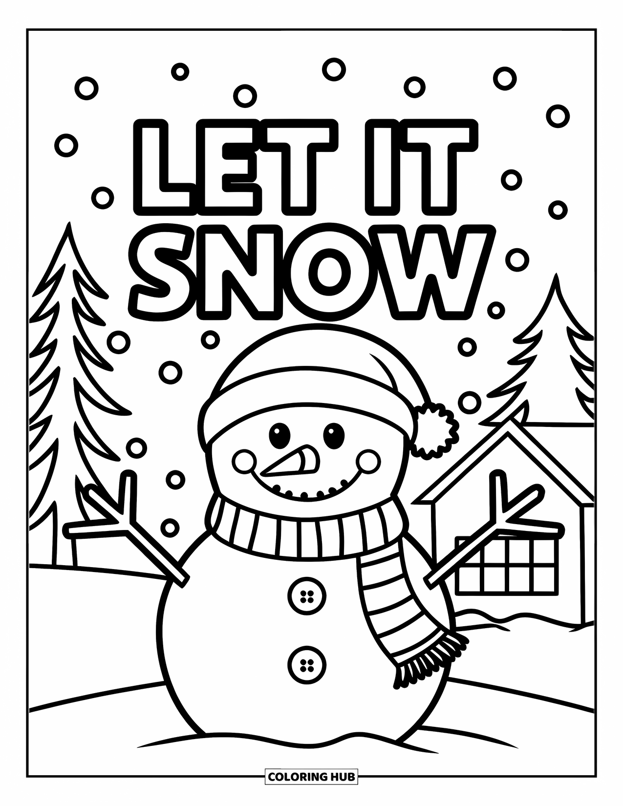 Christmas Card Coloring Page for Kids: Snowman scene with "Let It Snow" and winter landscape