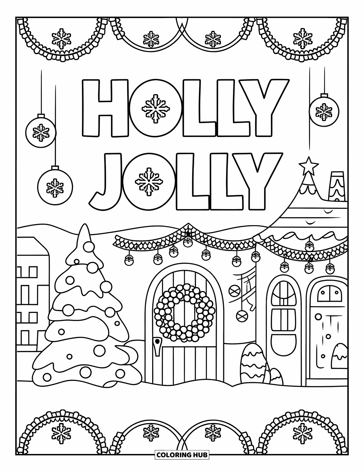 Christmas Card Coloring Page for Kids: Snowy Christmas scene with tree, wreath, and "Holly Jolly" message
