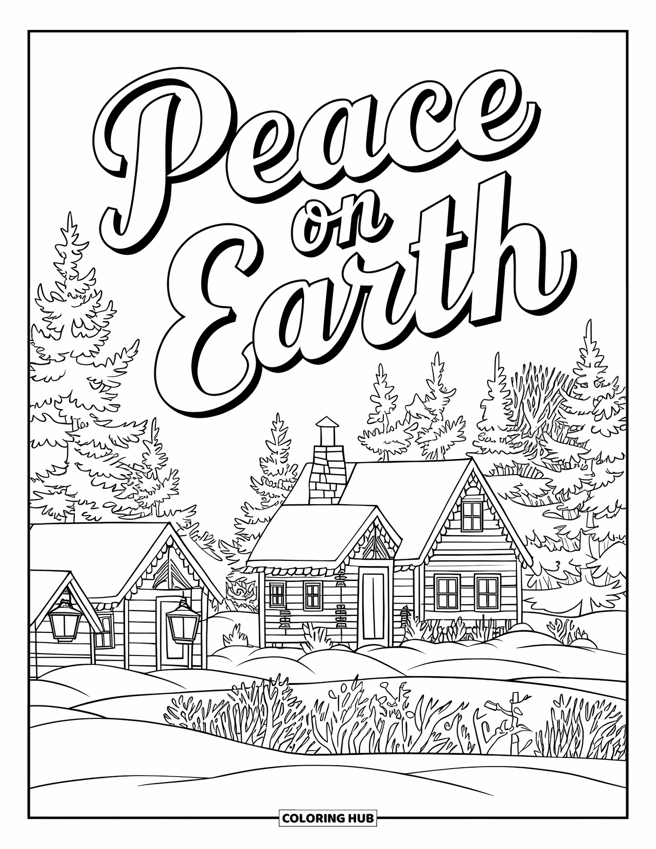 Christmas Card Coloring Page for Kids: Snowy village and trees under the words "Peace on Earth"