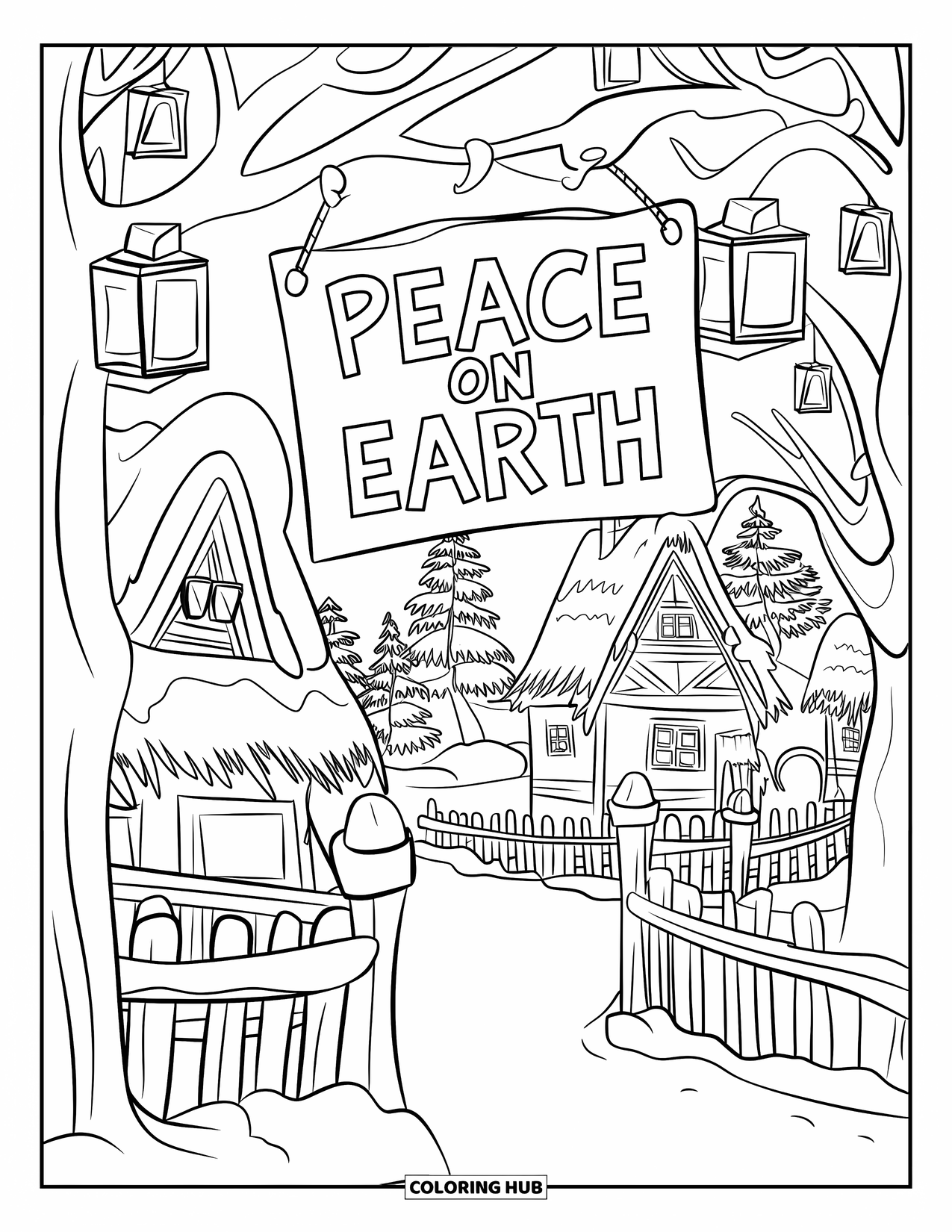 Christmas Card Coloring Page for Kids: Snowy village with lanterns, cozy houses, and a "Peace on Earth" sign