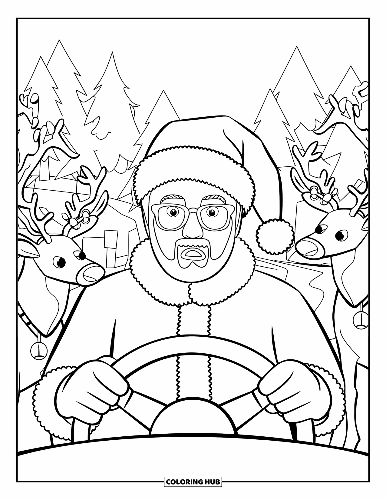 Christmas Card Coloring Page for Kids: Surprised Santa figure driving with reindeer and bells around him