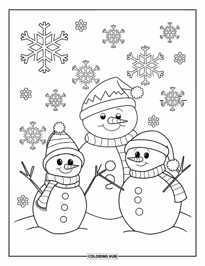 Coloriage de carte de Noël pour enfants : Trois joyeux bonshommes de neige dans un paysage hivernal enneigé