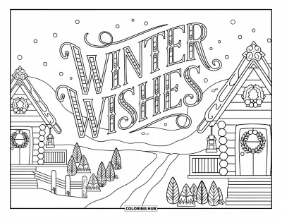 Coloriage de carte de Noël pour enfants : Deux chalets décorés et un sentier enneigé sous la phrase "Winter Wishes"