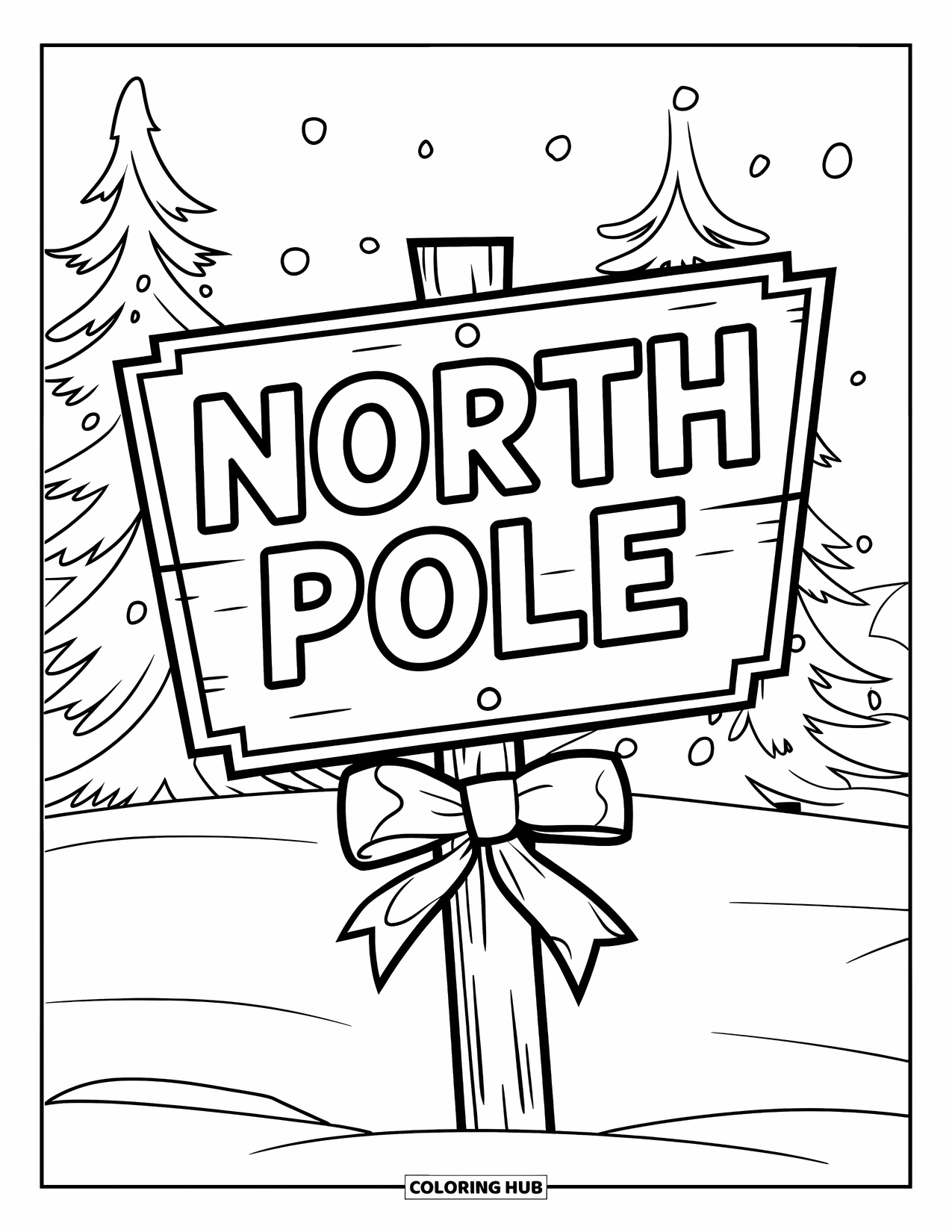 Christmas Card Coloring Page for Kids: Wooden post with a ribbon and "North Pole" sign