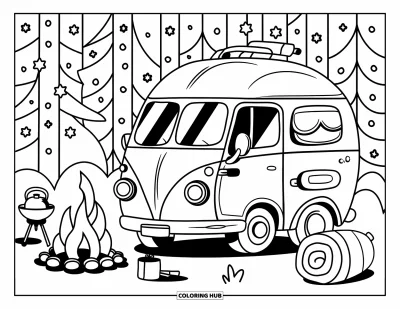 Classic Car Coloring Page for Adults: Camper-style car surrounded by pine trees and a campfire