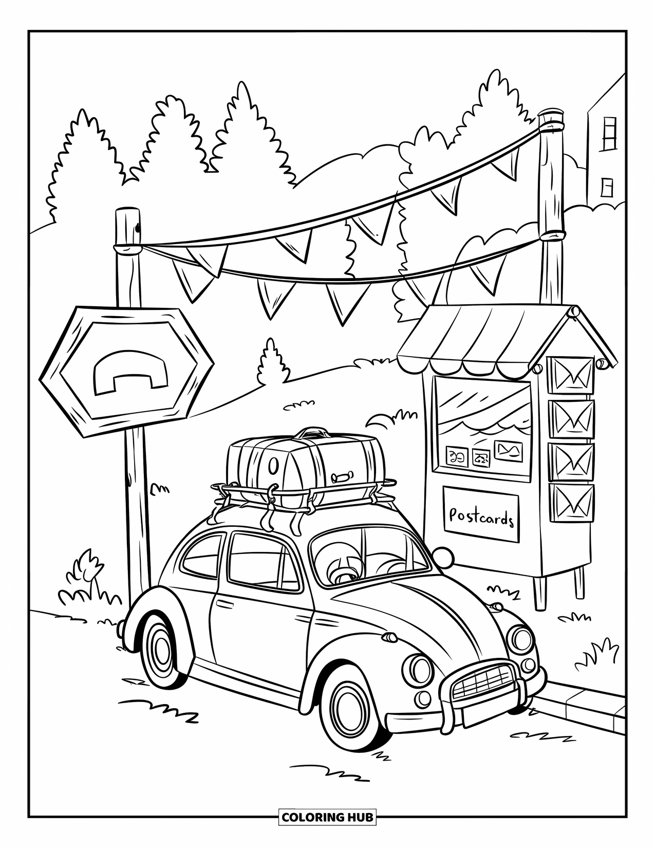 Classic Car Coloring Page for Adults: Chibi car beside a kiosk selling postcards