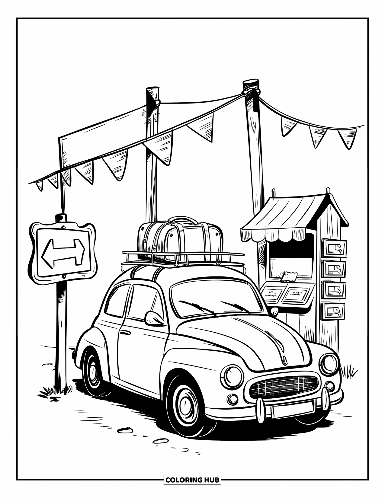 Classic Car Coloring Page for Adults: Chibi car with luggage near a postcard kiosk