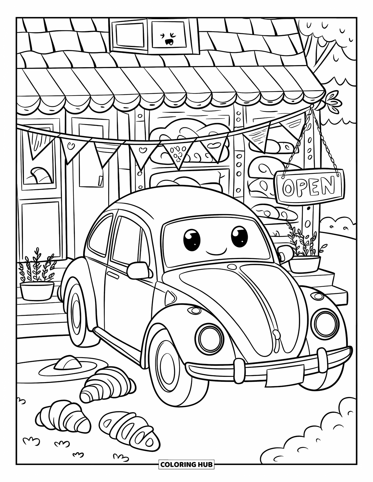 Classic Car Coloring Page for Adults: Chubby vintage car parked outside a tiny bakery