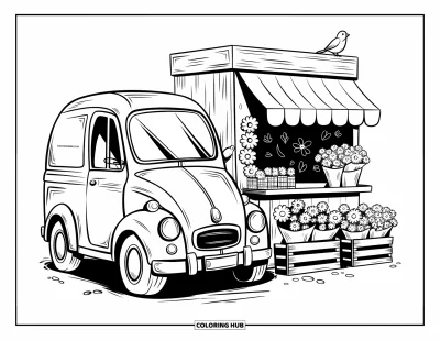 Classic Car Coloring Page for Adults: Chunky vintage car parked by a tiny flower shop
