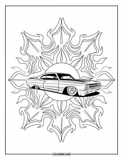 Classic Car Coloring Page for Adults: Classic lowrider car in a symmetrical mandala