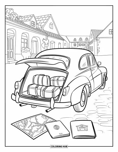 Classic Car Coloring Page for Adults: Classic touring car in a quaint village street