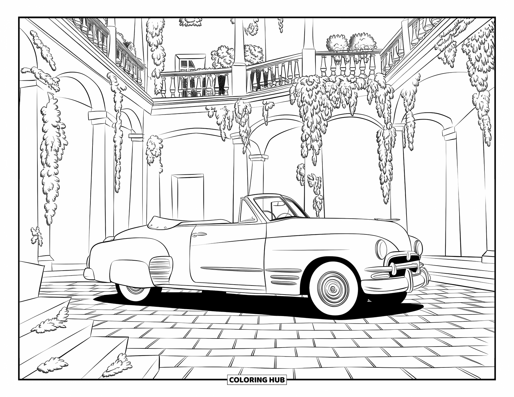 Classic Car Coloring Page for Adults: Convertible car in a courtyard with pillars and plants