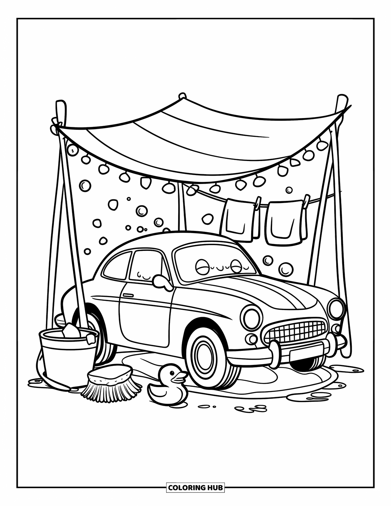 Classic Car Coloring Page for Adults: Coupe under a canopy at a car wash