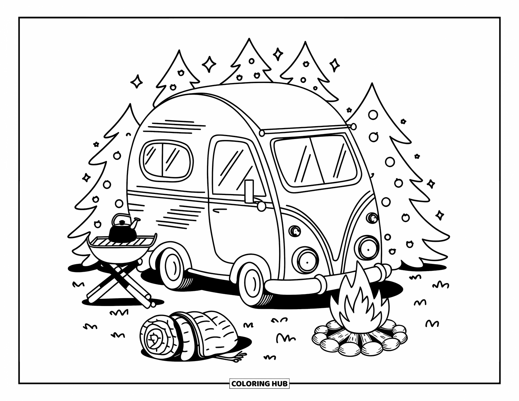 Classic Car Coloring Page for Adults: Cozy camper car by a campfire with pine trees