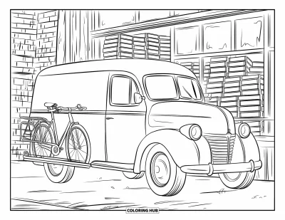 Classic Car Coloring Page for Adults: Curved vintage van by a wooden bookshop