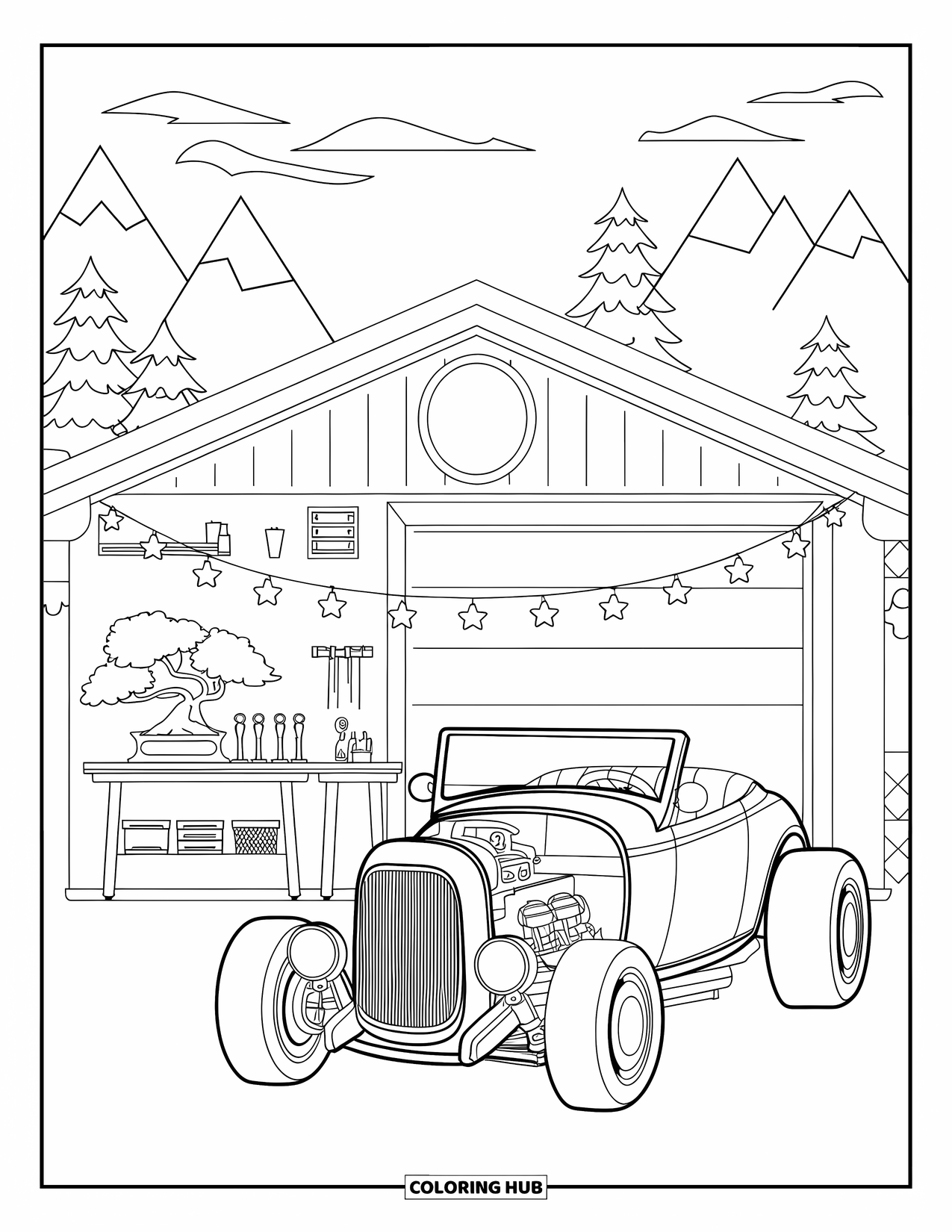 Classic Car Coloring Page for Adults: Cute hot rod parked by a small garage