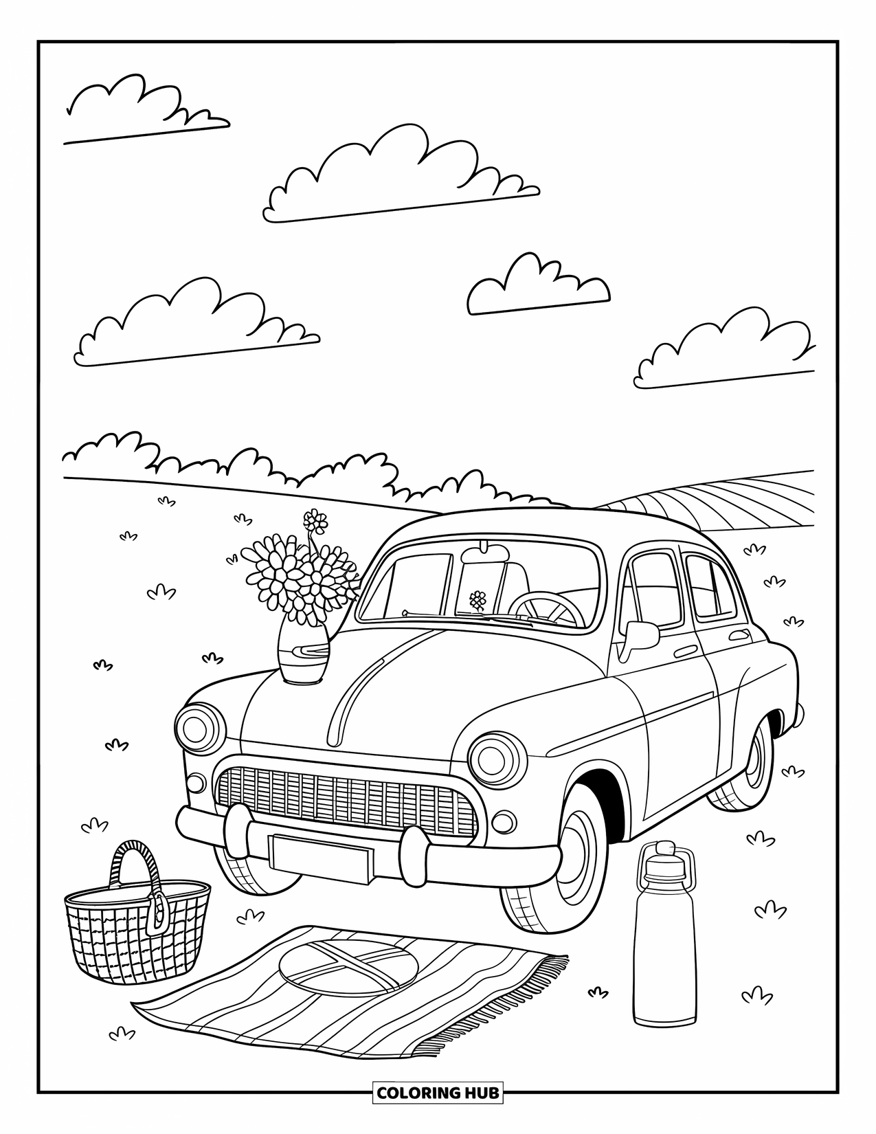Classic Car Coloring Page for Adults: Cute vintage car at a quiet picnic spot