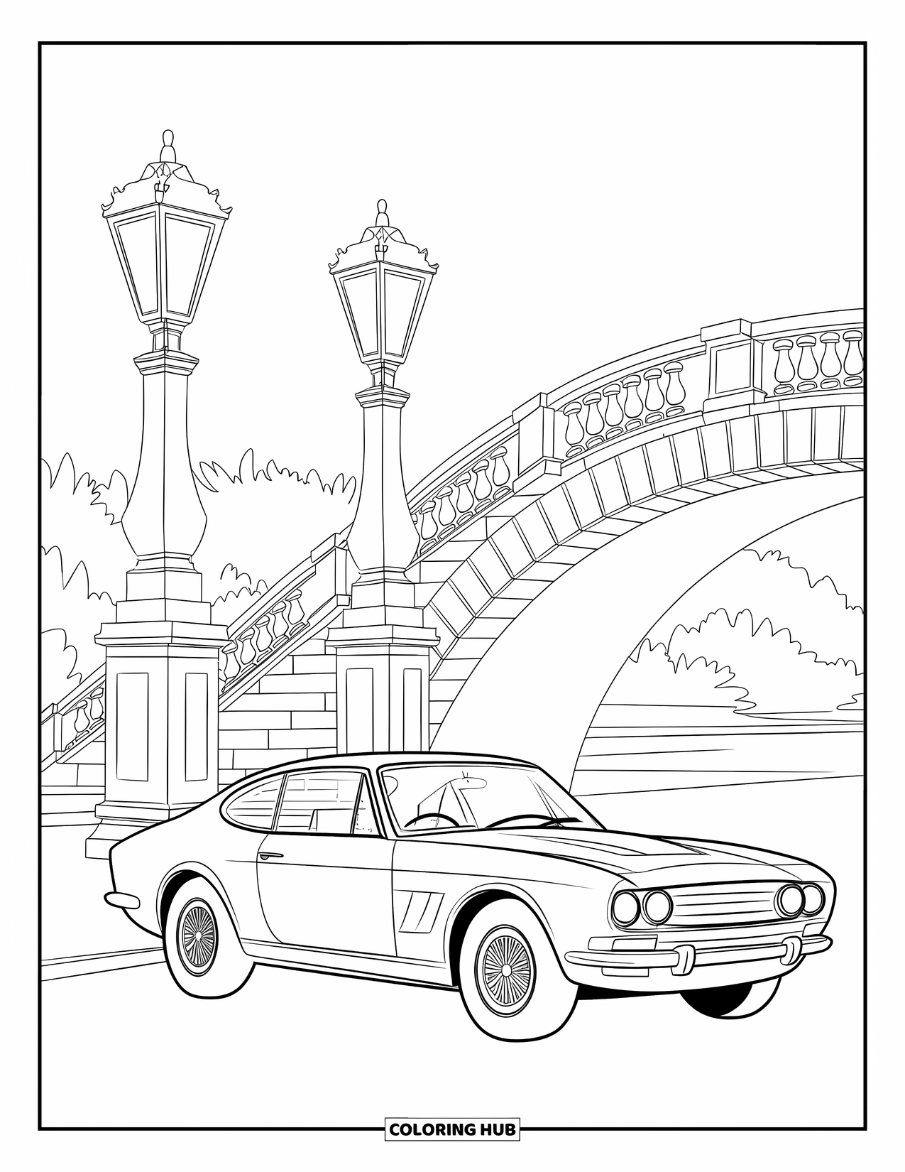 Classic Car Coloring Page for Adults: European coupe parked near lantern posts and bridge