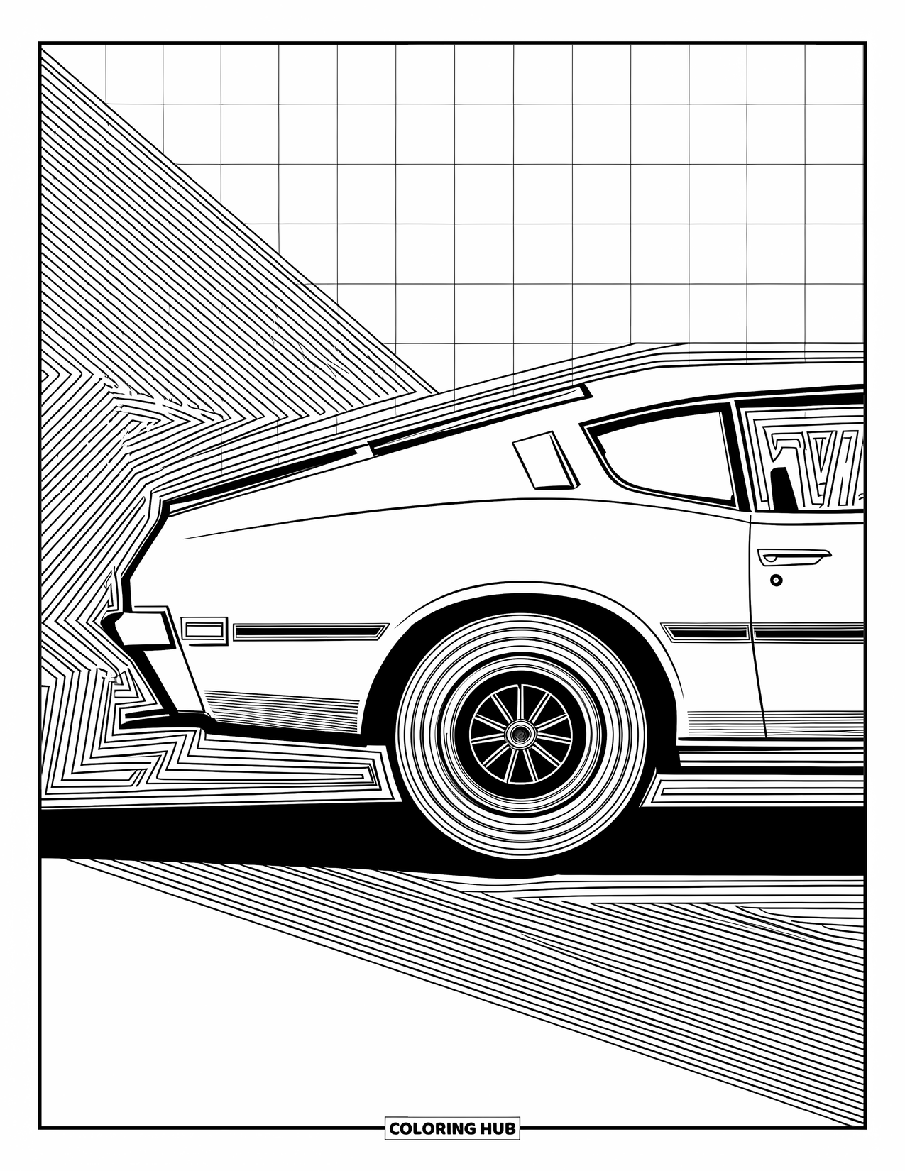 Classic Car Coloring Page for Adults: Fastback car with abstract patterned design