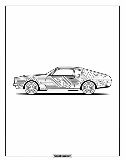Classic Car Coloring Page for Adults: Fastback car with intricate abstract designs