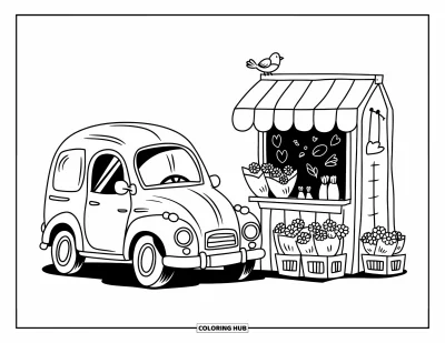 Classic Car Coloring Page for Adults: Flower shop stand with a parked vintage car