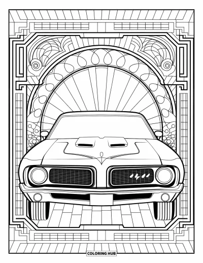 Classic Car Coloring Page for Adults: Front-facing muscle car with decorative Art Deco borders