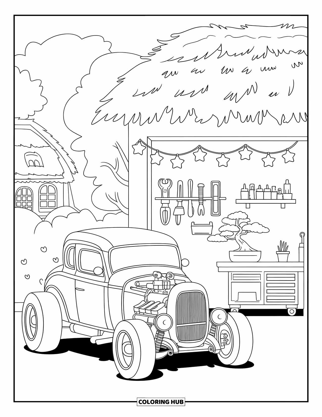 Classic Car Coloring Page for Adults: Hot rod in front of a tiny garage with star lights