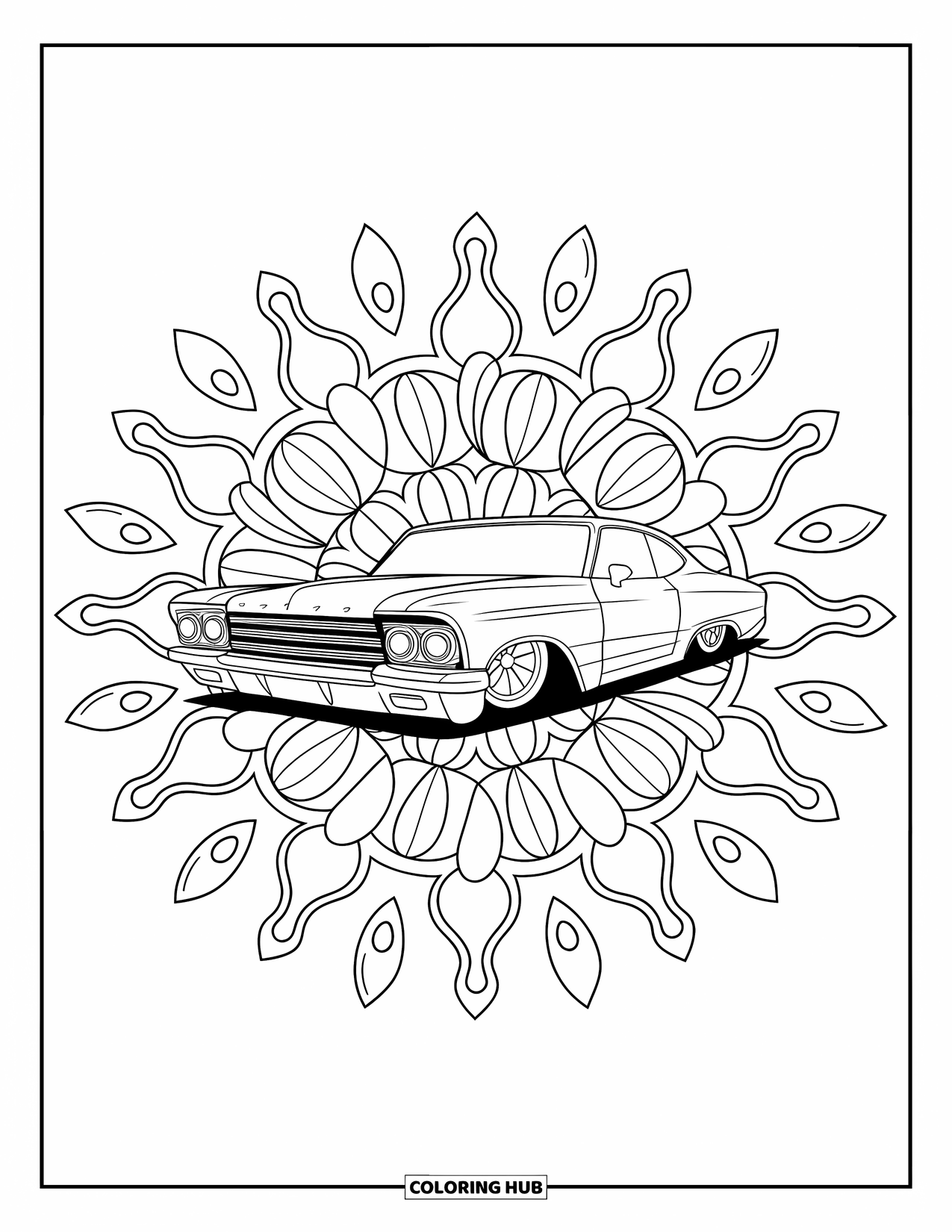 Classic Car Coloring Page for Adults: Lowrider car centered in detailed flame mandala