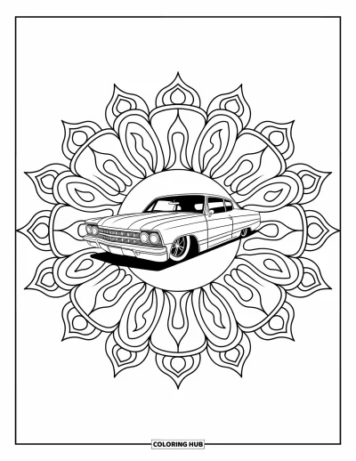 Classic Car Coloring Page for Adults: Lowrider classic car inside a flame mandala