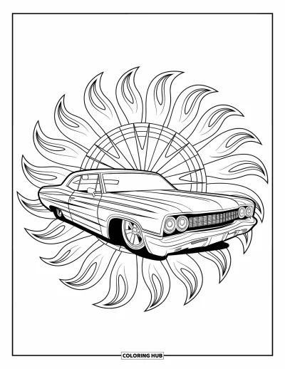Classic Car Coloring Page for Adults: Mandala with flame patterns surrounding a lowrider car