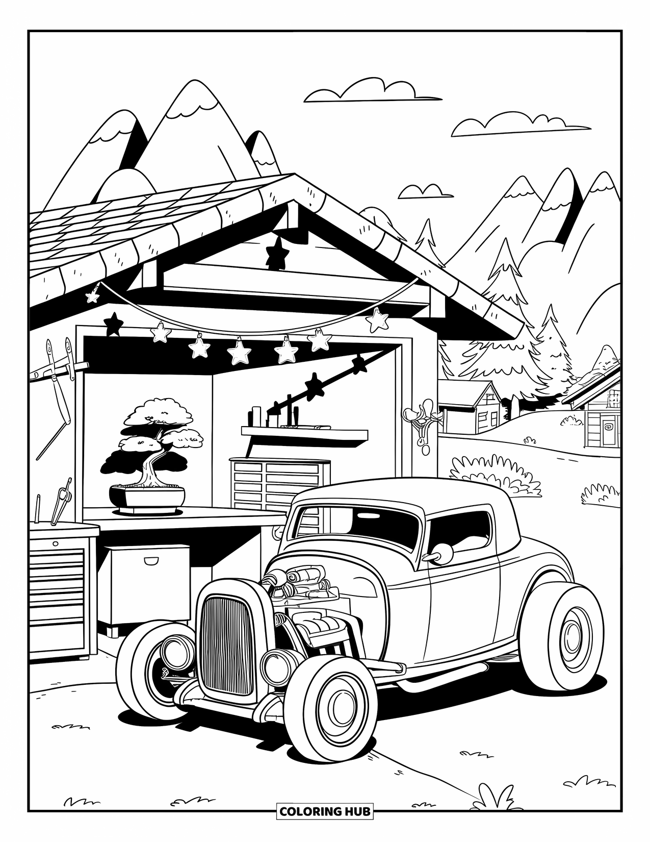 Classic Car Coloring Page for Adults: Mini hot rod parked by a cozy garage