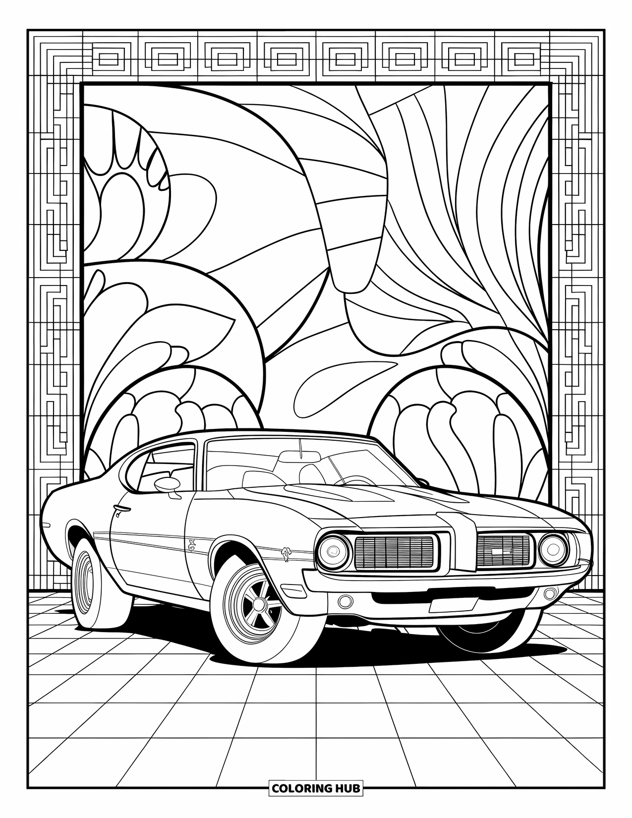 Classic Car Coloring Page for Adults: Muscle car framed by swirling Art Deco patterns