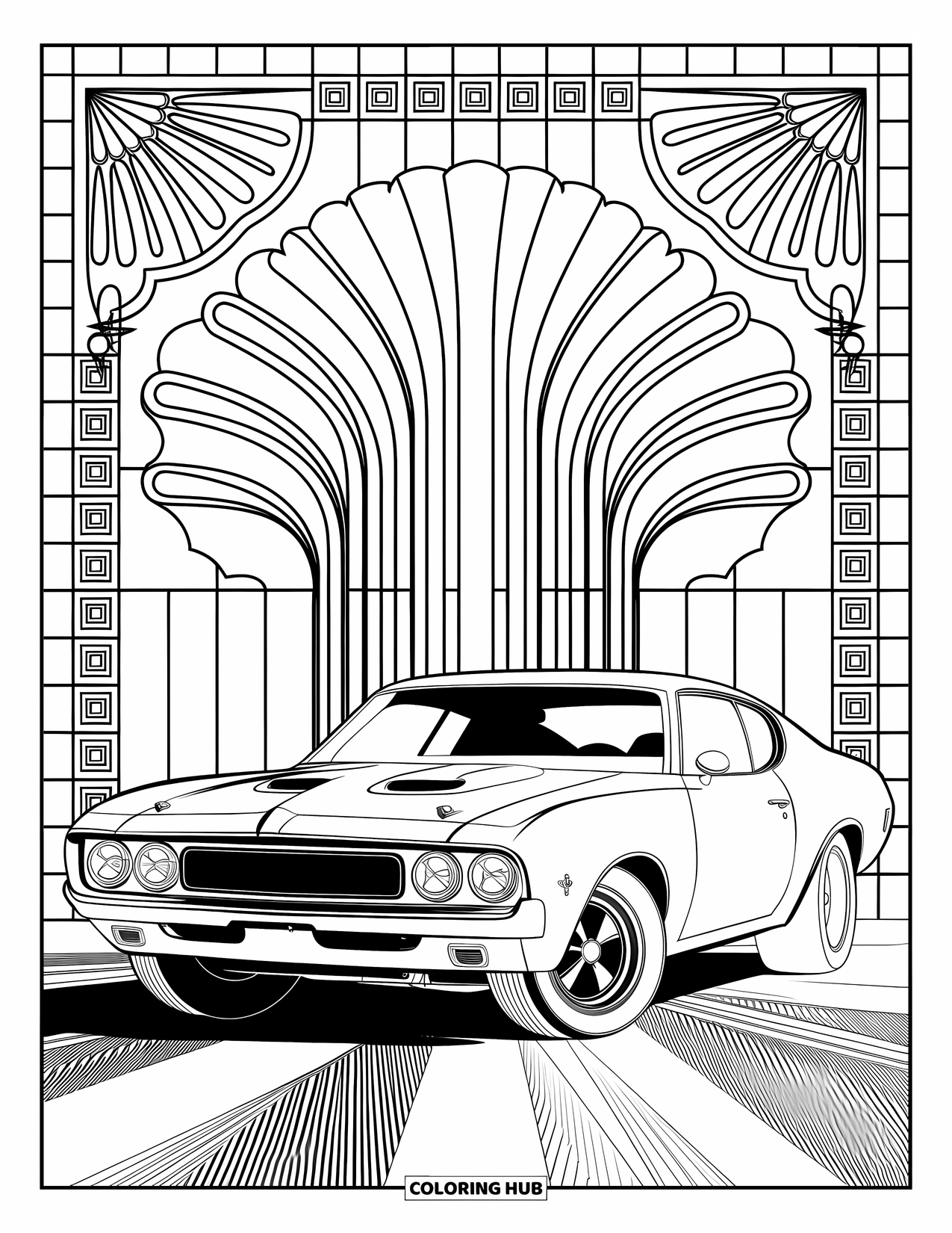 Classic Car Coloring Page for Adults: Muscle car on patterned surface with Art Deco details