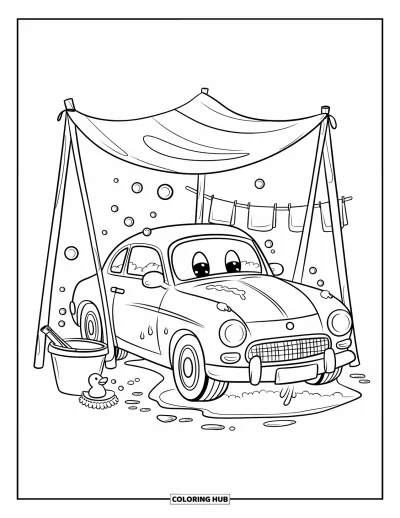 Classic Car Coloring Page for Adults: Outdoor car wash with a cozy coupe