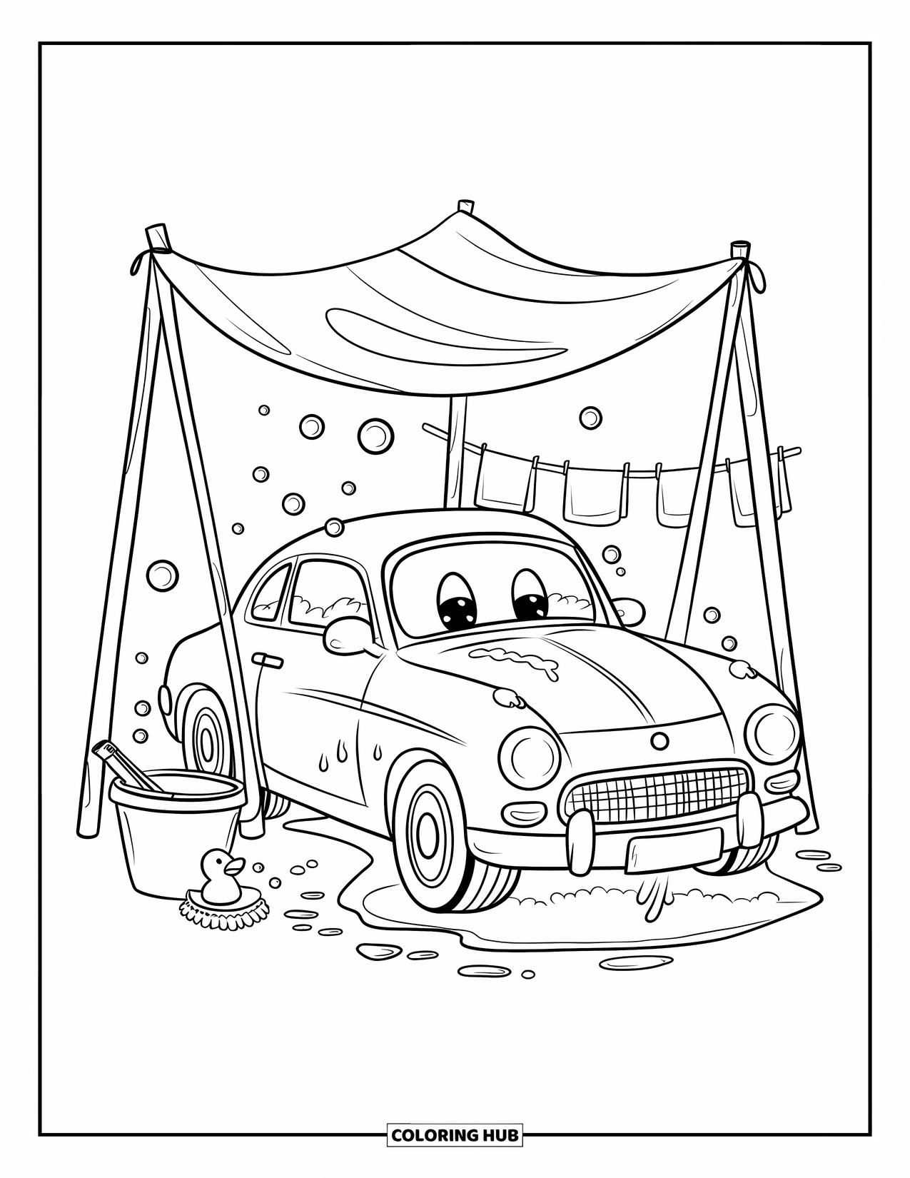 Classic Car Coloring Page for Adults: Outdoor car wash with a cozy coupe