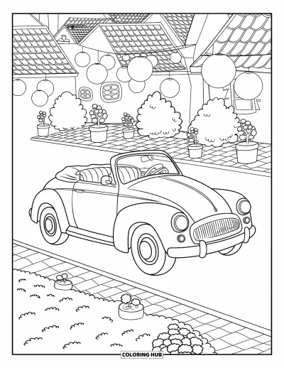 Classic Car Coloring Page for Adults: Retro convertible driving through a cozy village square