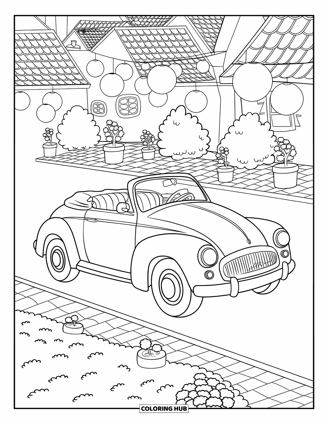 Classic Car Coloring Page for Adults: Retro convertible driving through a cozy village square
