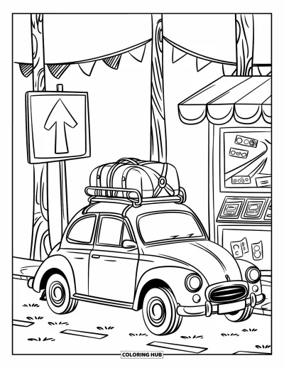 Classic Car Coloring Page for Adults: Small chibi car stopping near a postcard stand